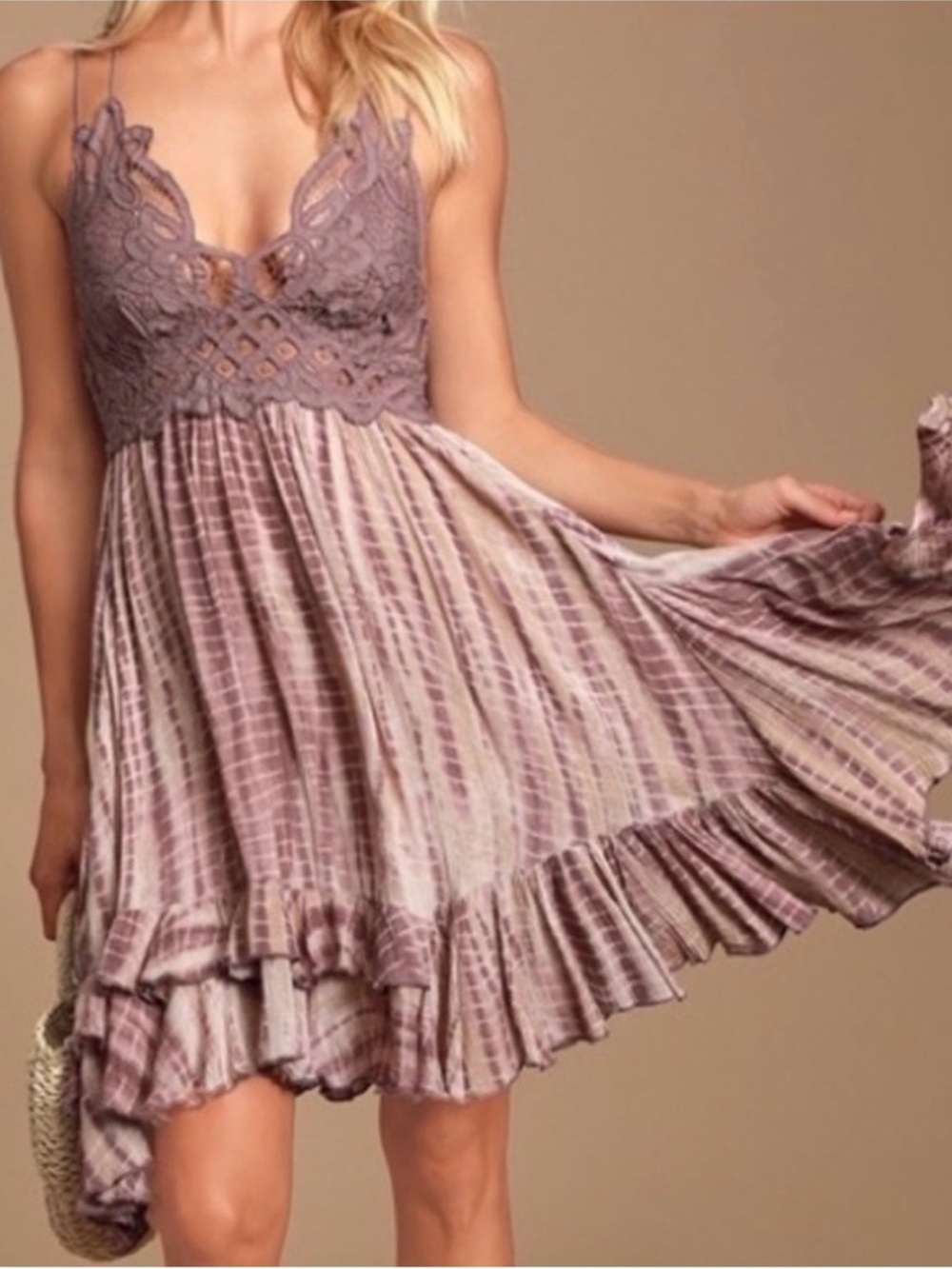 Free people adella lace slip dress dusty purple plum tie dye boho sz large